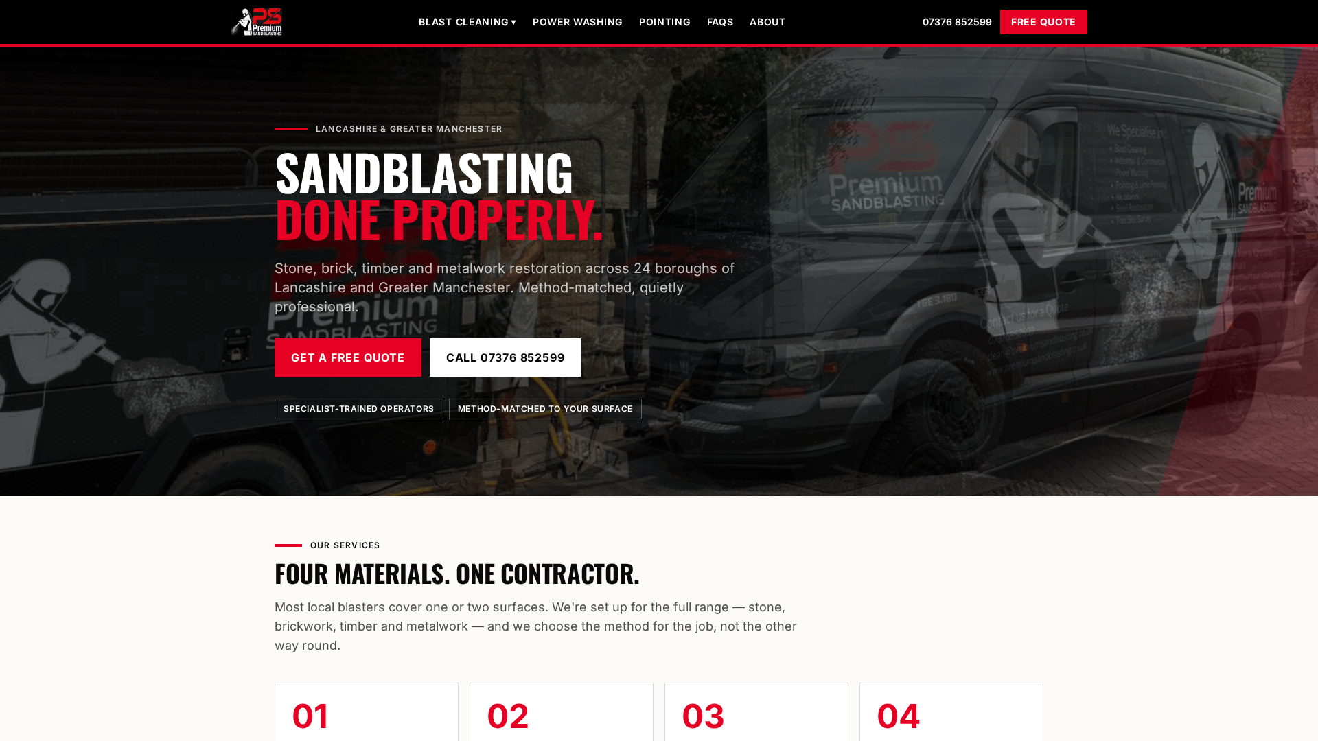 Premium Sandblasting website homepage shown on desktop
