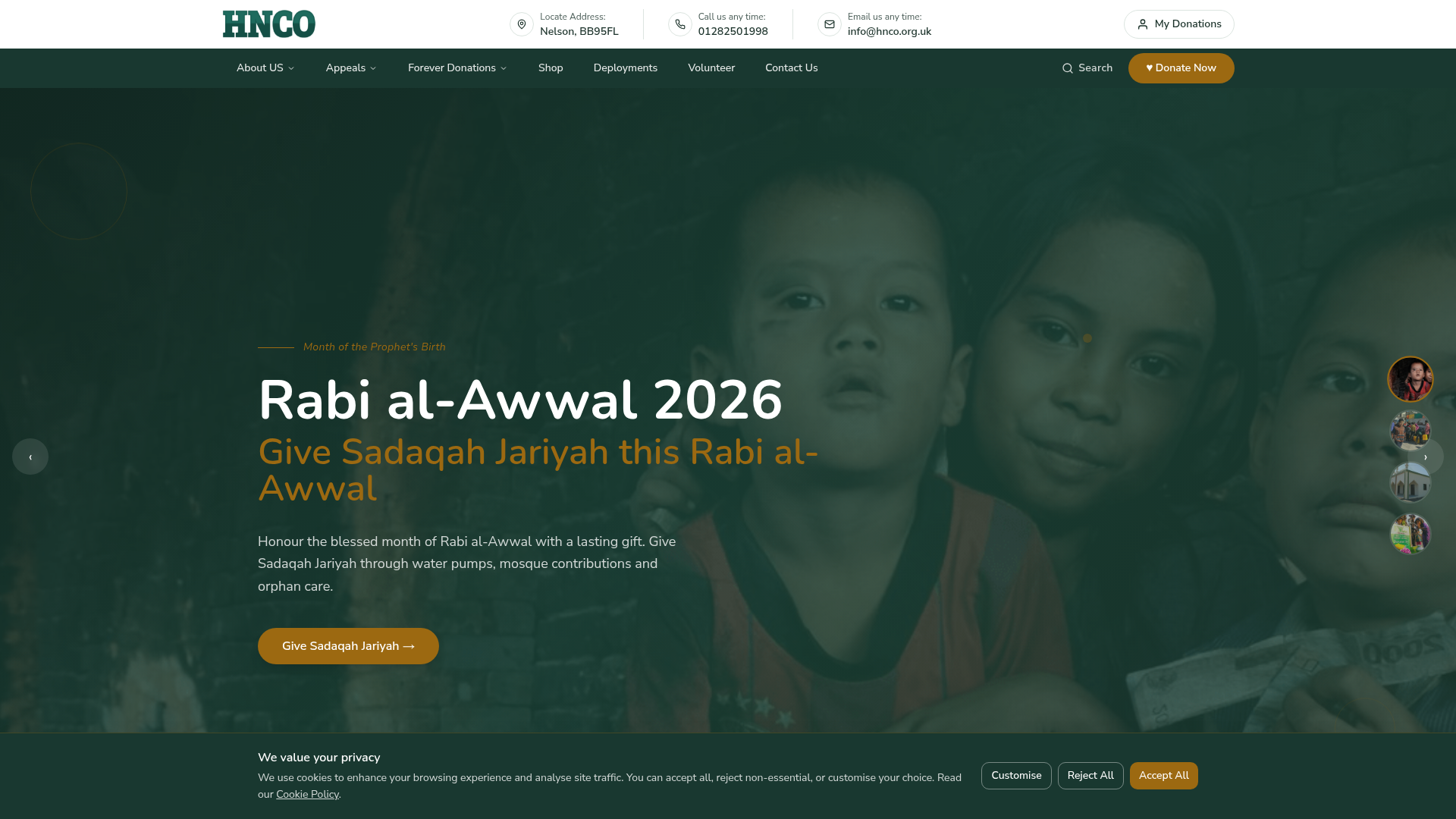HNCO charity website homepage shown on desktop