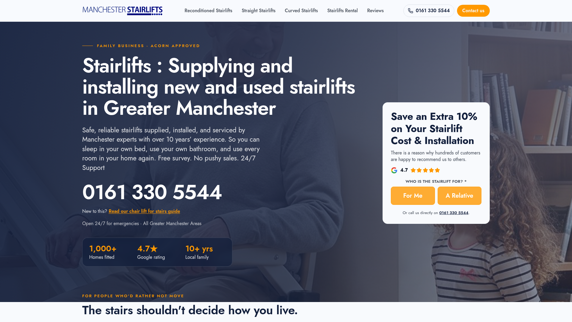 Manchester Stairlifts website homepage shown on desktop