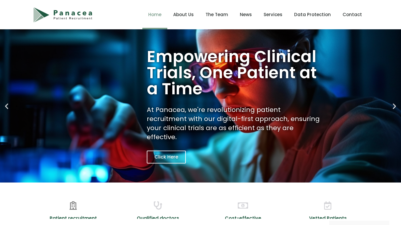 Panacea Patient Recruitment website homepage shown on desktop