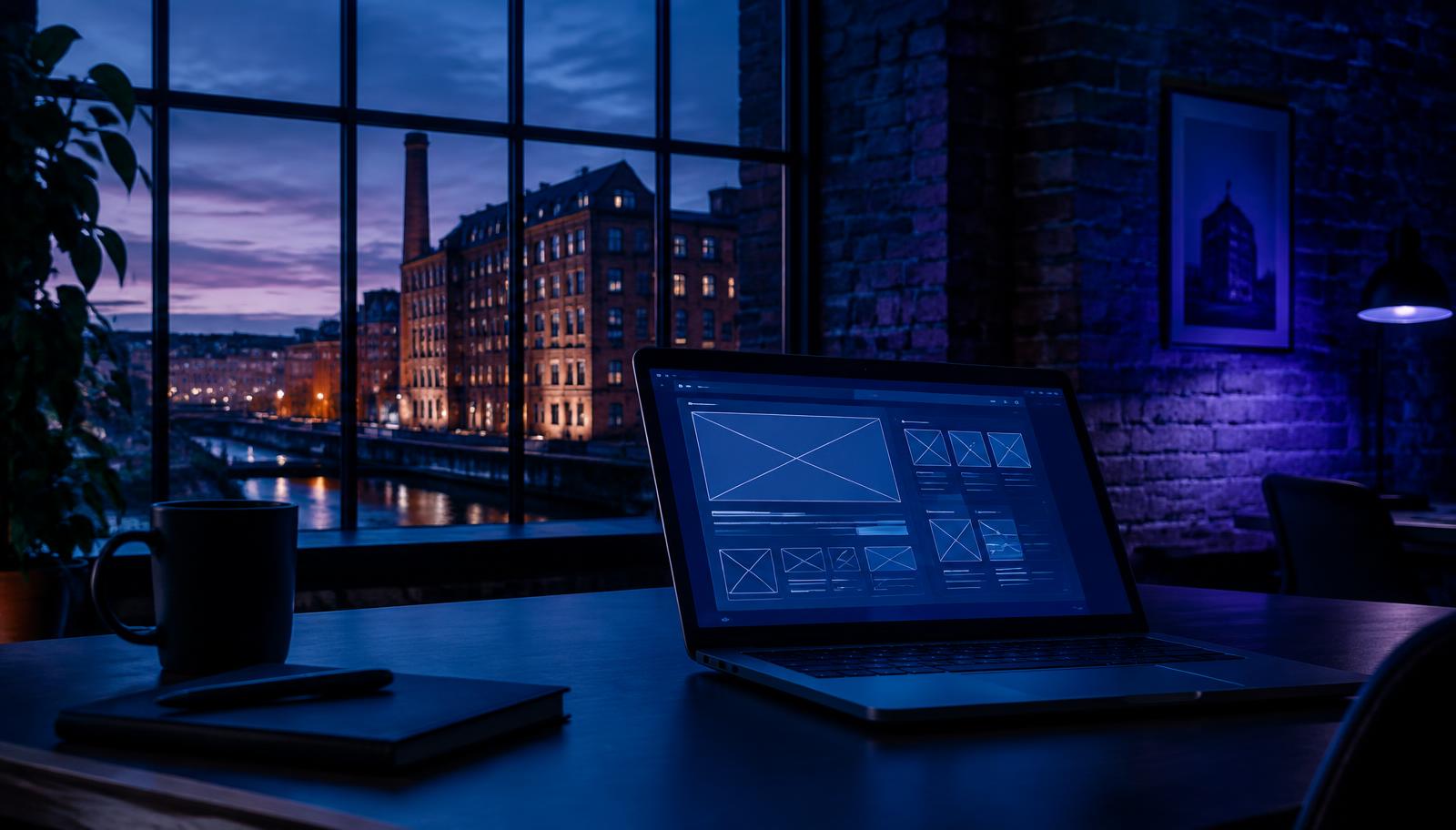 A laptop showing website wireframes in a Manchester mill office at dusk